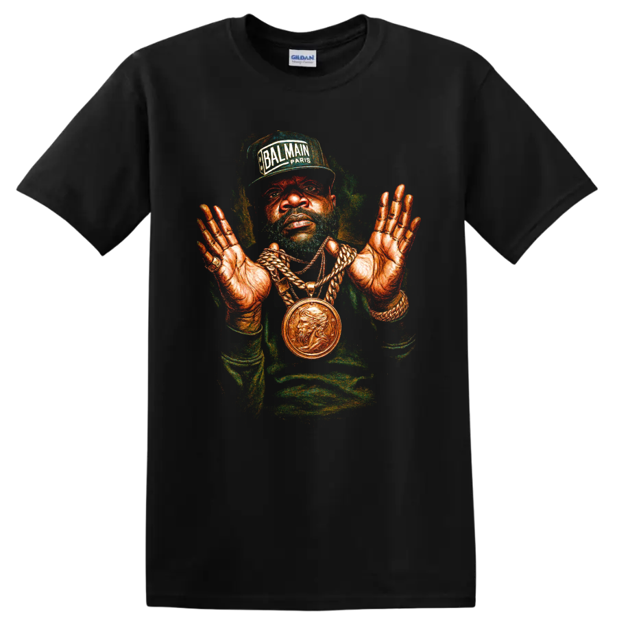 Rick Ross hip-hop portrait with Balmain Paris cap and gold chain artwork on a Black T Shirt