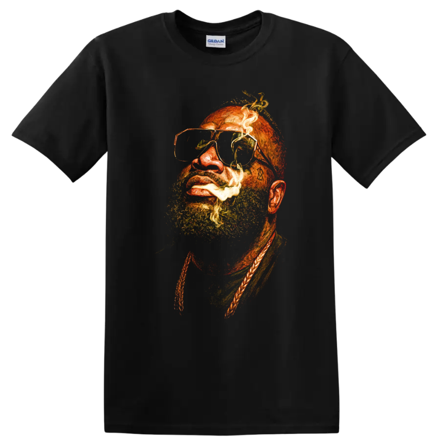 Rick Ross portrait artwork with beard and tinted glasses on a Black T Shirt