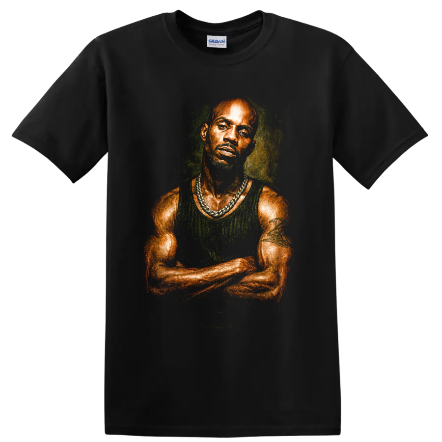 DMX pastel-style hip-hop portrait drawing with vivid colors on a Black T Shirt