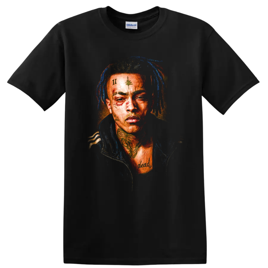 XXXTentacion fan portrait in a vivid, textured hip-hop graphic style on a Black T Shirt