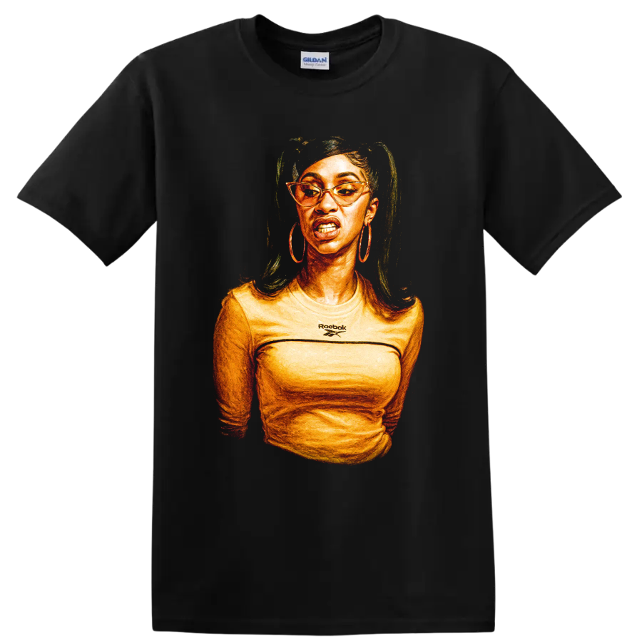 Cardi B stylized hip hop portrait with glasses and hoop earrings on a Black T Shirt