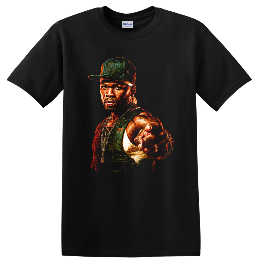 50 Cent portrait graphic with cap, jewelry, and forward-pointing pose on a Black T Shirt