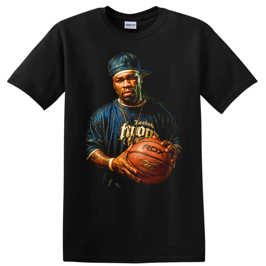 50 Cent hip-hop portrait holding a Reebok RDX basketball graphic on a Black T Shirt