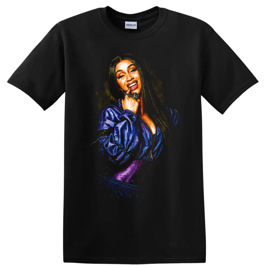 Cardi B pop art digital portrait with vibrant colors on a Black T Shirt