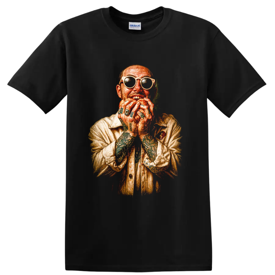 Mac Miller colored-pencil portrait with sunglasses and tattooed hands on a Black T Shirt