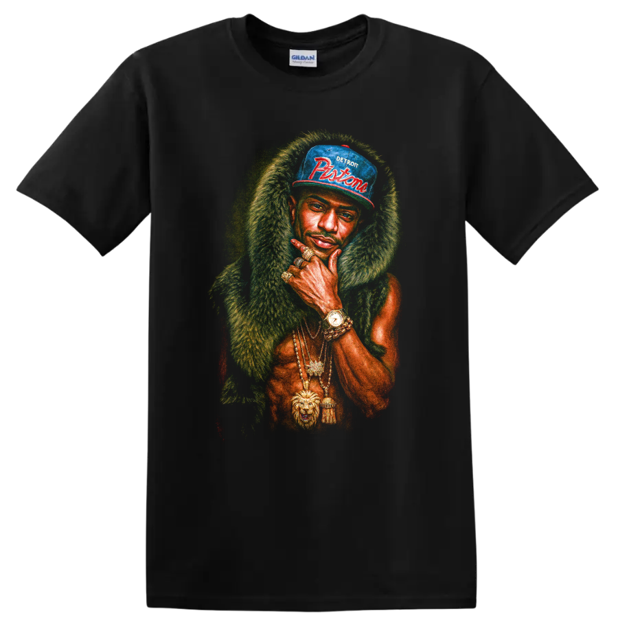 R. Kelly portrait graphic with Detroit Pistons cap and gold jewelry on a Black T Shirt