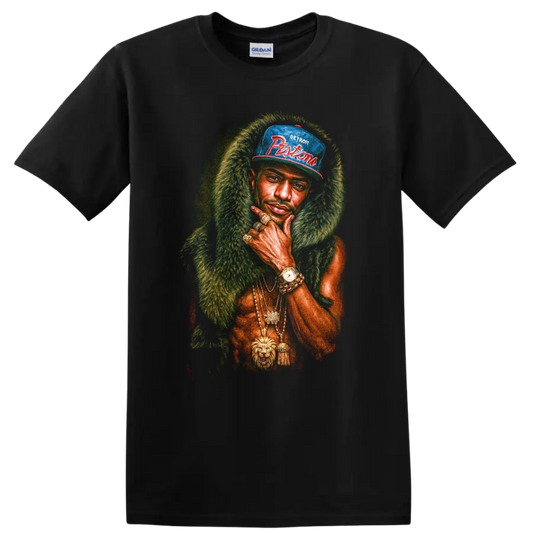R. Kelly portrait graphic with Detroit Pistons cap and gold jewelry on a Black T Shirt