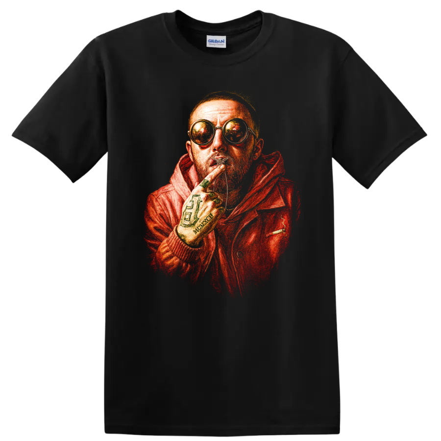 Mac Miller red-orange hip-hop portrait with round glasses on a Black T Shirt