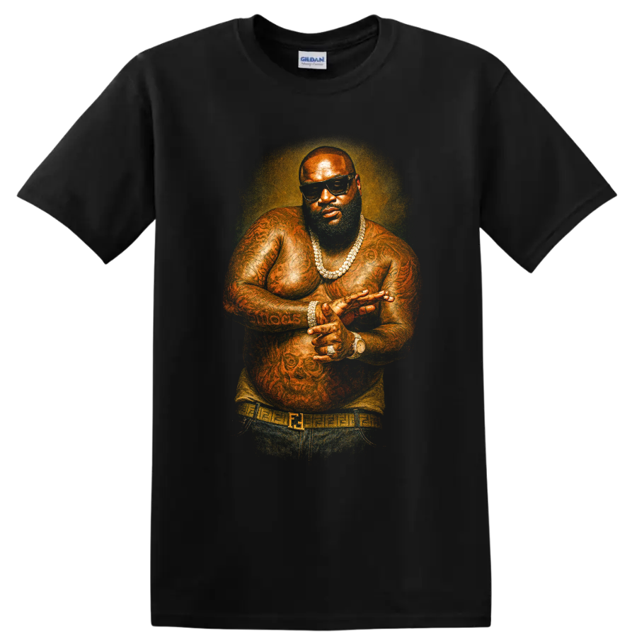 Rick Ross illustrated hip-hop portrait with sunglasses and jewelry on a Black T Shirt