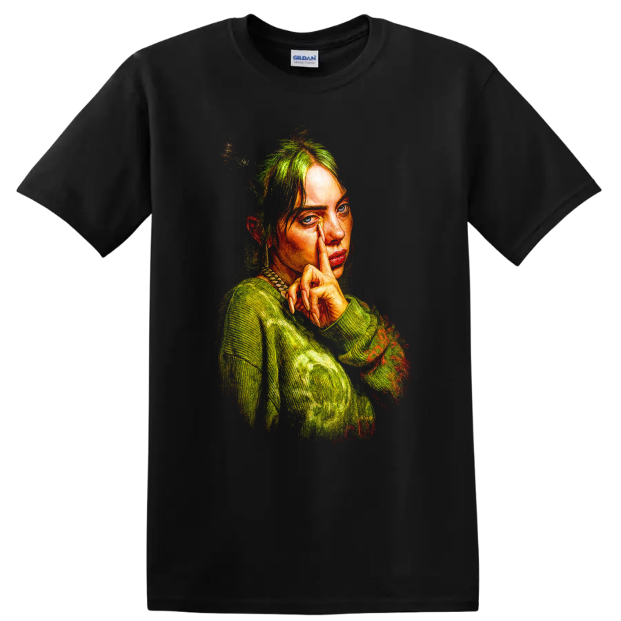 Billie Eilish pointillist portrait fan art in vivid green and orange tones on a Black T Shirt