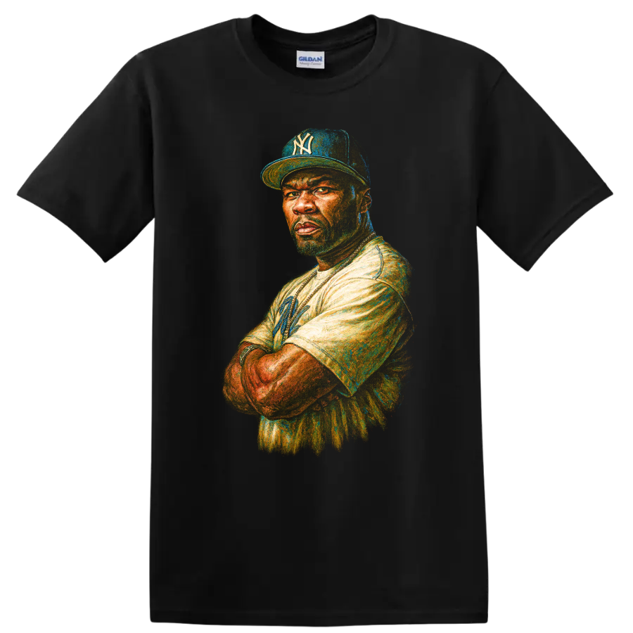 Colorful painterly portrait of 50 Cent wearing a Yankees cap on a Black T Shirt
