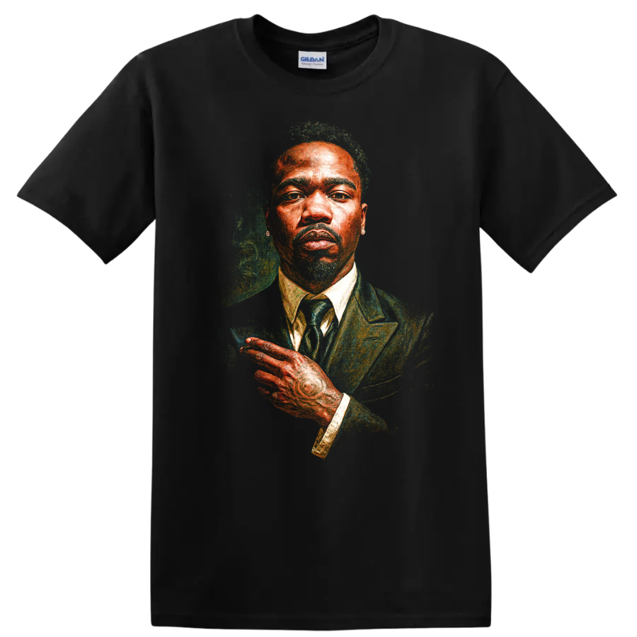 Pusha T stylized portrait artwork in a suit with vivid painterly texture on a Black T Shirt