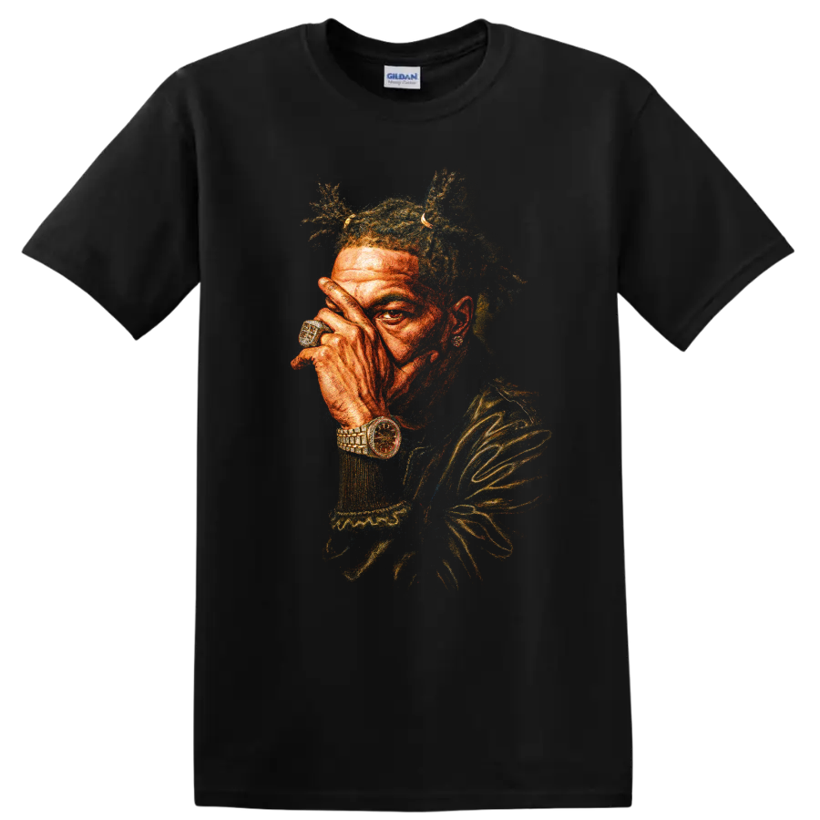 Boko Yout hip-hop portrait with vivid textured colors and jewelry on a Black T Shirt