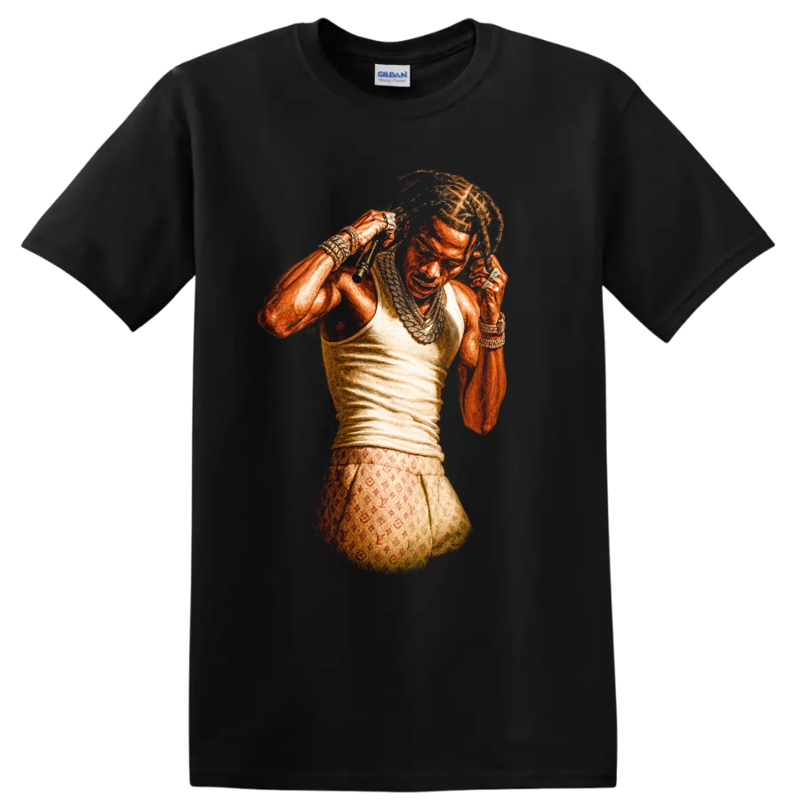 Playboi Carti portrait in vivid orange hip-hop graphic style on a Black T Shirt