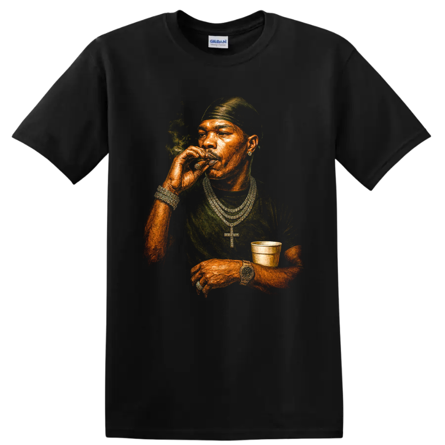 Bandana P hip-hop portrait graphic with bandana, chains, smoke, and cup on a Black T Shirt