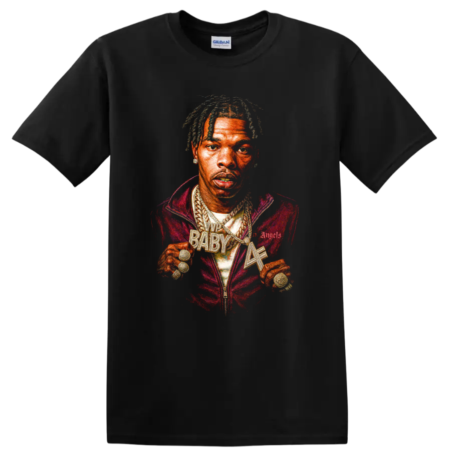 Lil Baby portrait graphic with vivid red and gold hip-hop streetwear styling on a Black T Shirt