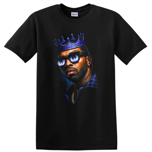 The Notorious B.I.G. crown portrait in vivid blue and orange pop art style on a Black T Shirt