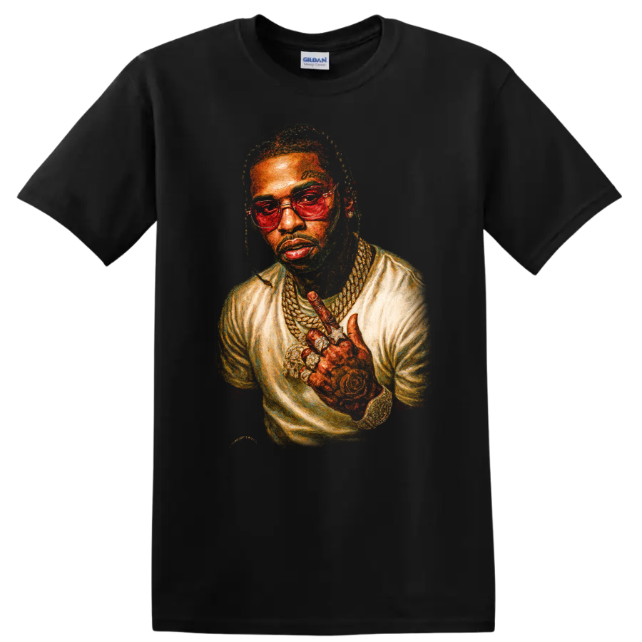 Pop Smoke Brooklyn drill illustrated portrait with glasses and layered jewelry on a Black T Shirt
