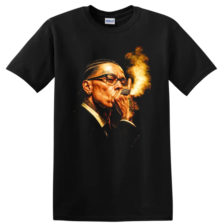 Rick Ross tattooed portrait graphic with glasses, jewelry, and smoke on a Black T Shirt
