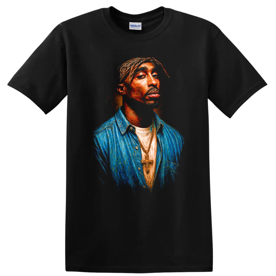 Tupac Shakur digital portrait in vivid hip-hop pop-art style on a Black T Shirt