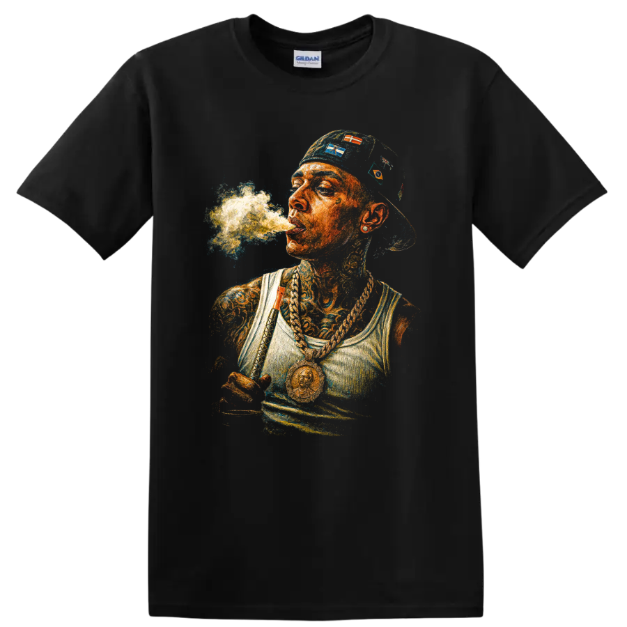 Central Cee UK drill portrait with tattoos, chains, cap, and smoke on a Black T Shirt