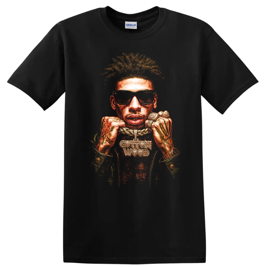 Kodak Black hip-hop portrait graphic with sunglasses and jewelry on a Black T Shirt
