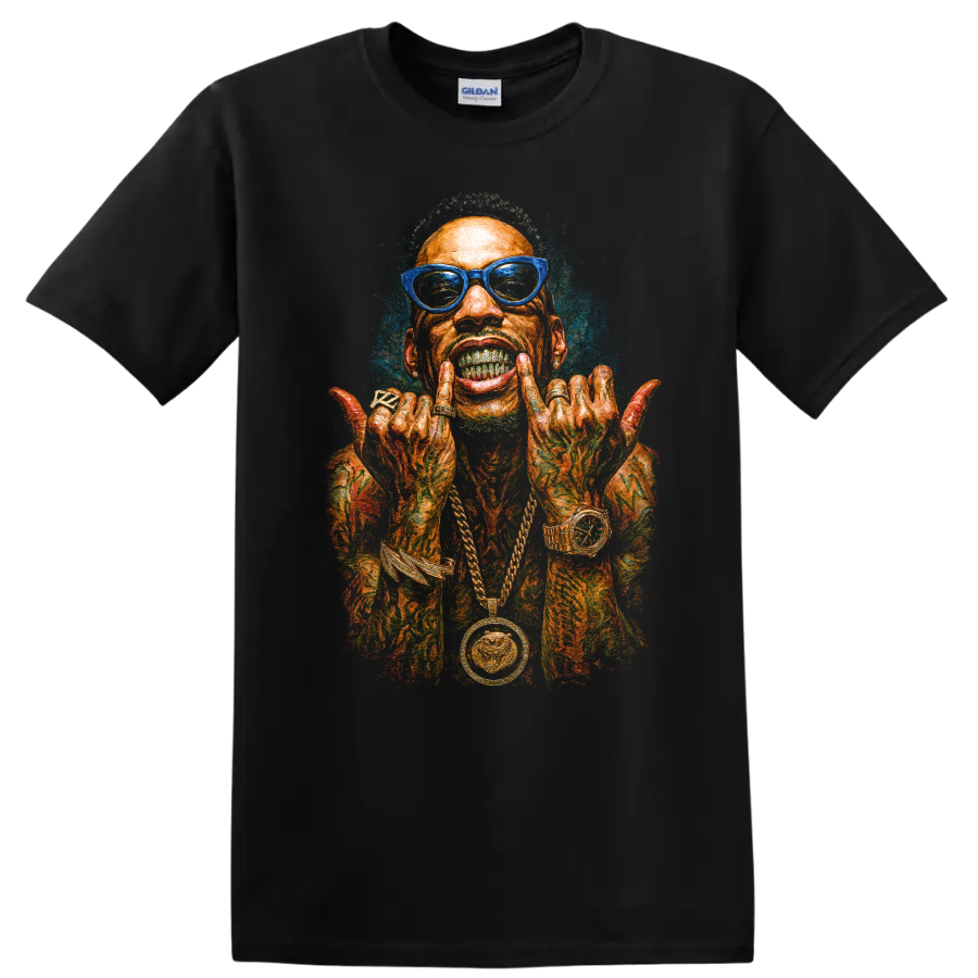 Tyga colorful hip-hop portrait with blue glasses and bold street-art style on a Black T Shirt