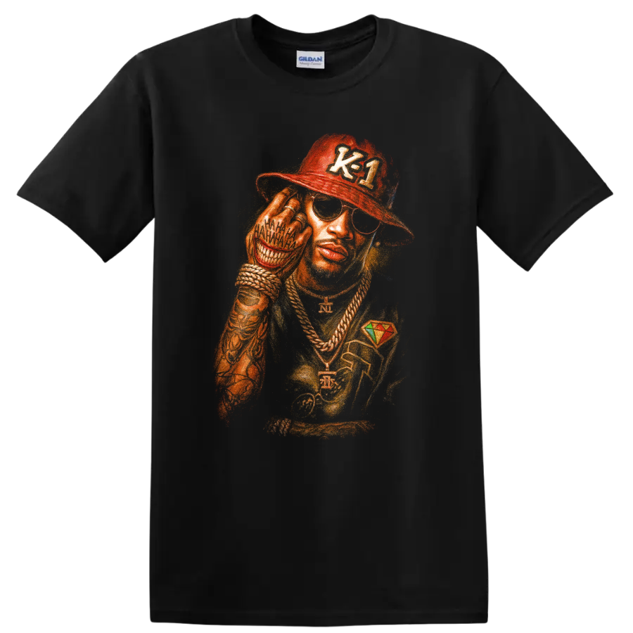 Future hip-hop stylized portrait with red cap, sunglasses, and gold chains on a Black T Shirt
