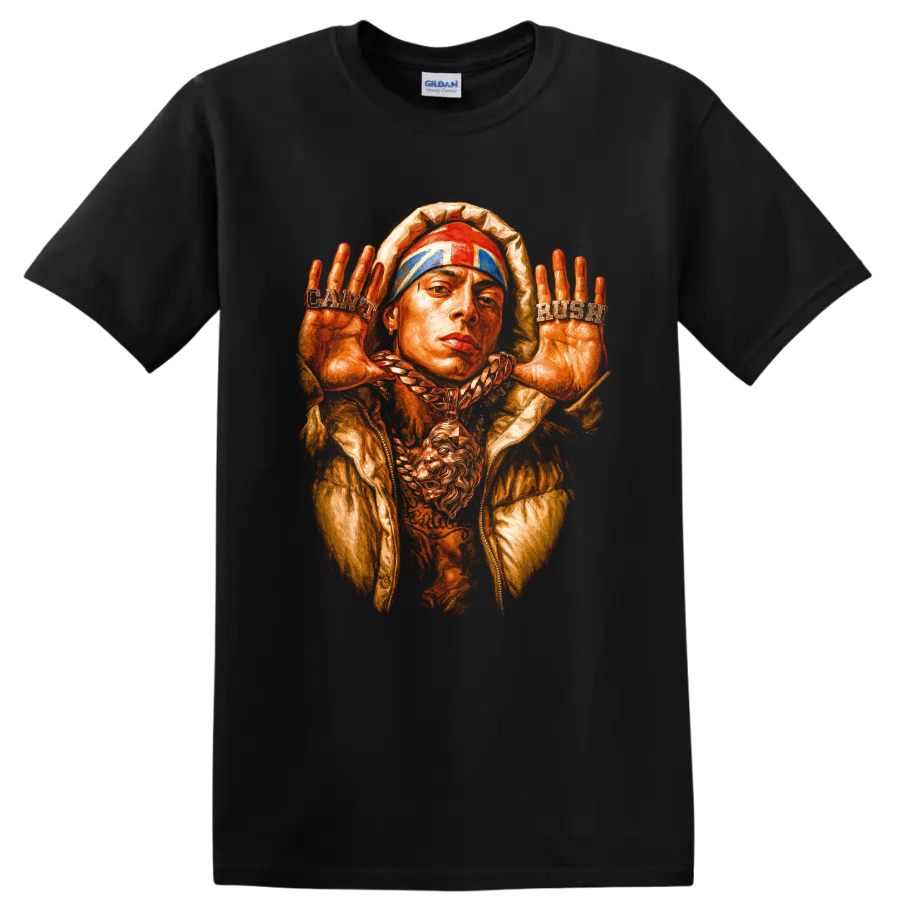 Central Cee UK drill portrait graphic with raised hands and bold streetwear style on a Black T Shirt