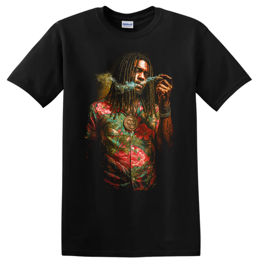 Bob Marley reggae portrait graphic with dreadlocks and floral shirt on a Black T Shirt