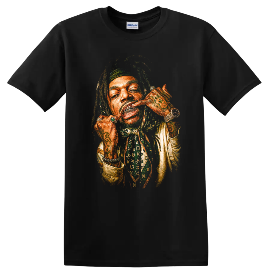 Lil Wayne stylized hip-hop portrait graphic print on a Black T Shirt
