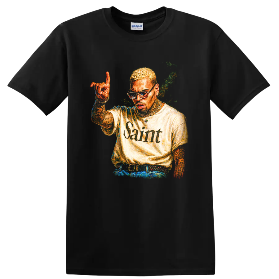 Chris Brown Saint portrait graphic with raised hand and colorful urban-art style on a Black T Shirt