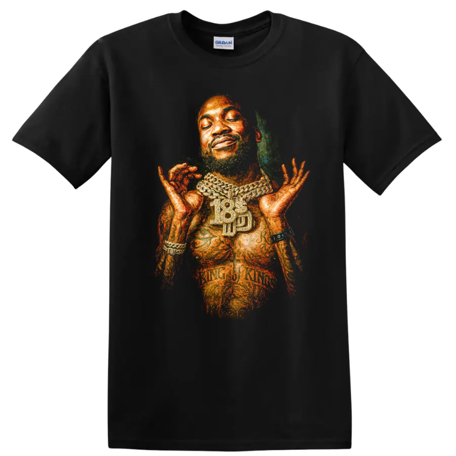 Meek Mill artistic hip-hop portrait with layered chain jewelry on a Black T Shirt