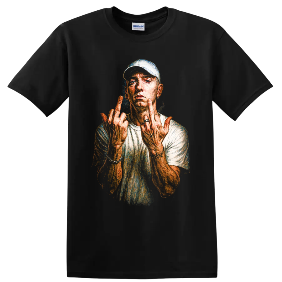 Eminem Slim Shady portrait illustration with raised middle fingers on a Black T Shirt