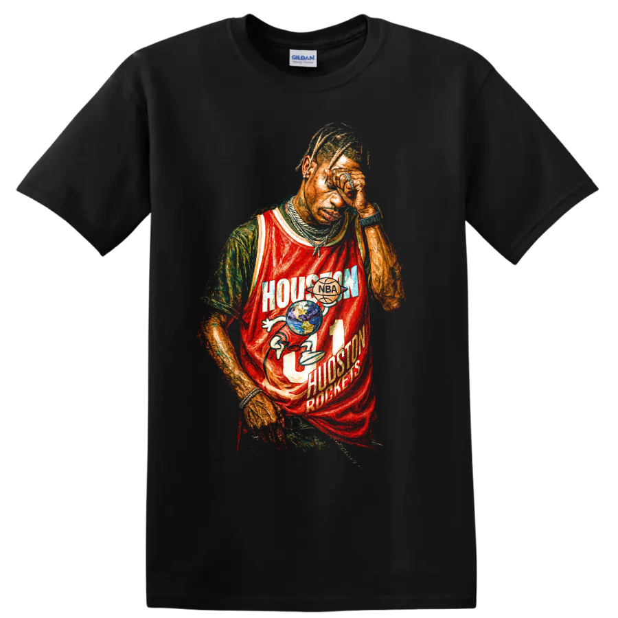 Travis Scott Houston Rockets distressed basketball jersey graphic on a Black T Shirt