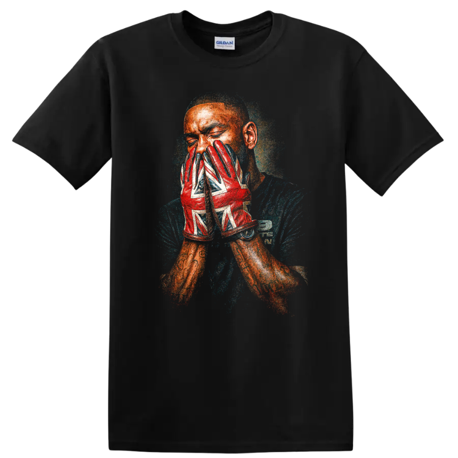 Skepta grime portrait with red patterned gloves, textured album cover style on a Black T Shirt
