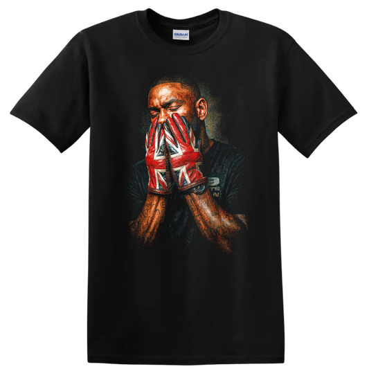 Skepta grime portrait with red patterned gloves, textured album cover style on a Black T Shirt
