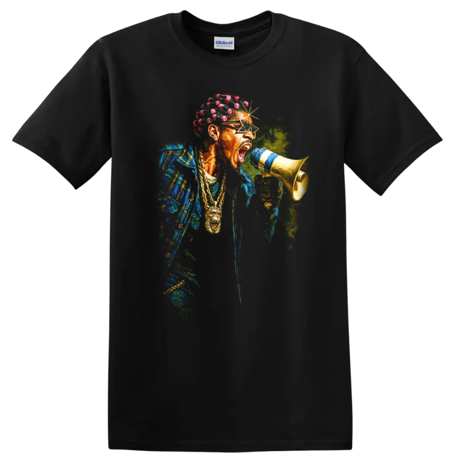 Playboi Carti colorful digital hip-hop portrait holding a megaphone on a Black T Shirt
