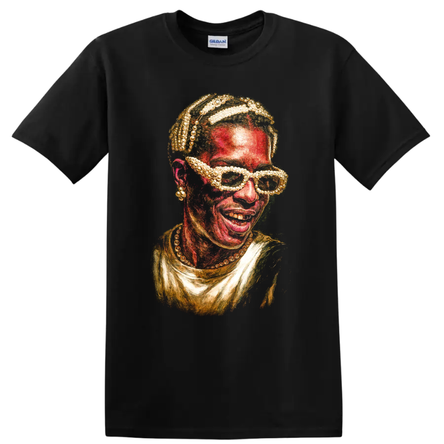 A$AP Ferg stylized hip-hop portrait artwork with textured red and gold details on a Black T Shirt