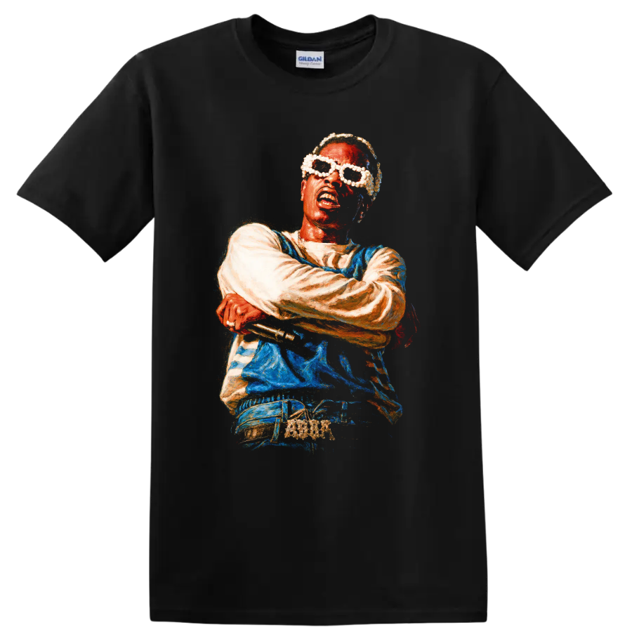 A$AP Ferg stylized hip-hop portrait artwork with sunglasses on a Black T Shirt