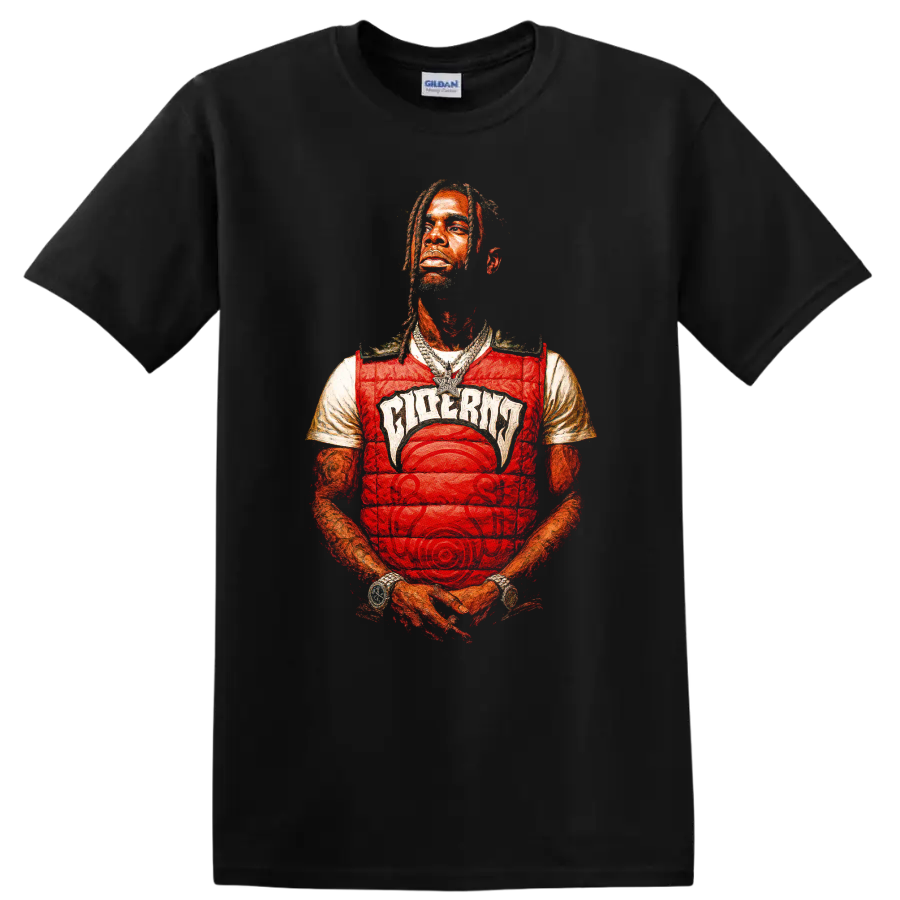 Travis Scott stylized red-toned hip-hop portrait graphic on a Black T Shirt