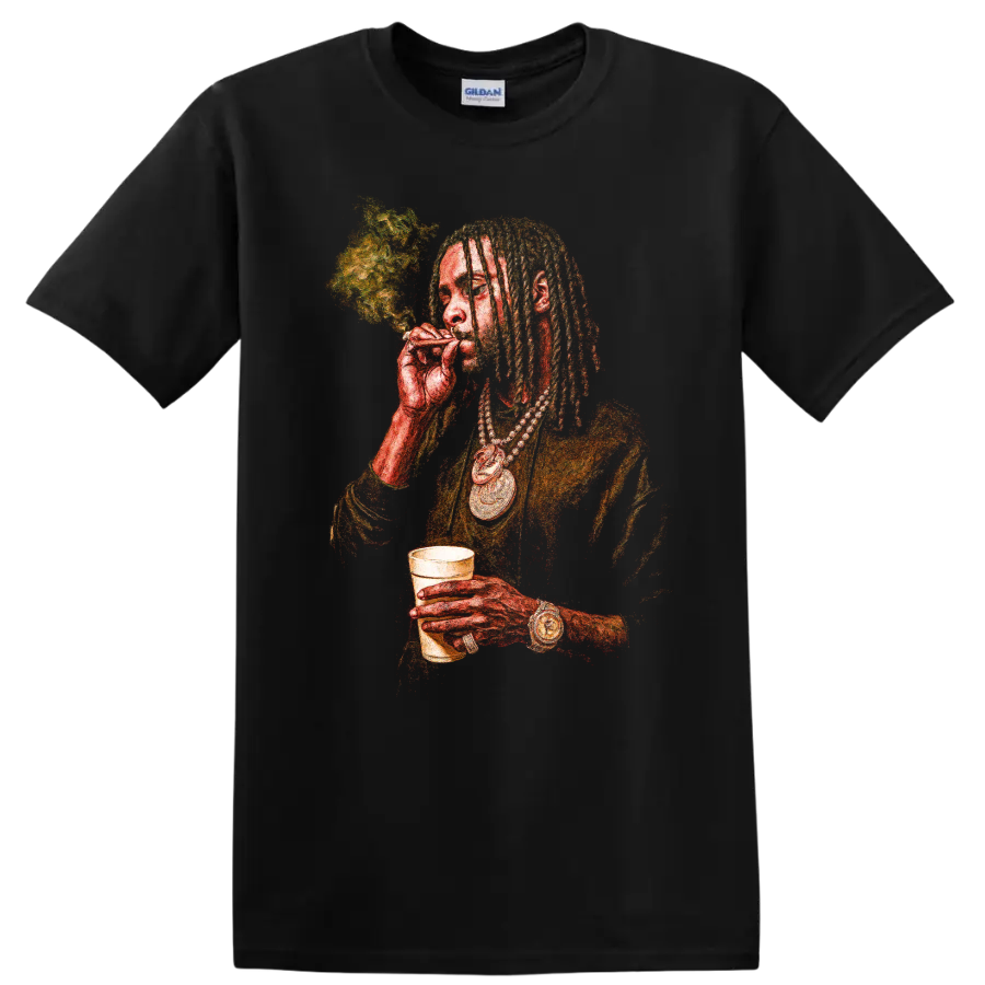 Young Thug trap artist portrait graphic with dreadlocks and gold chains on a Black T Shirt