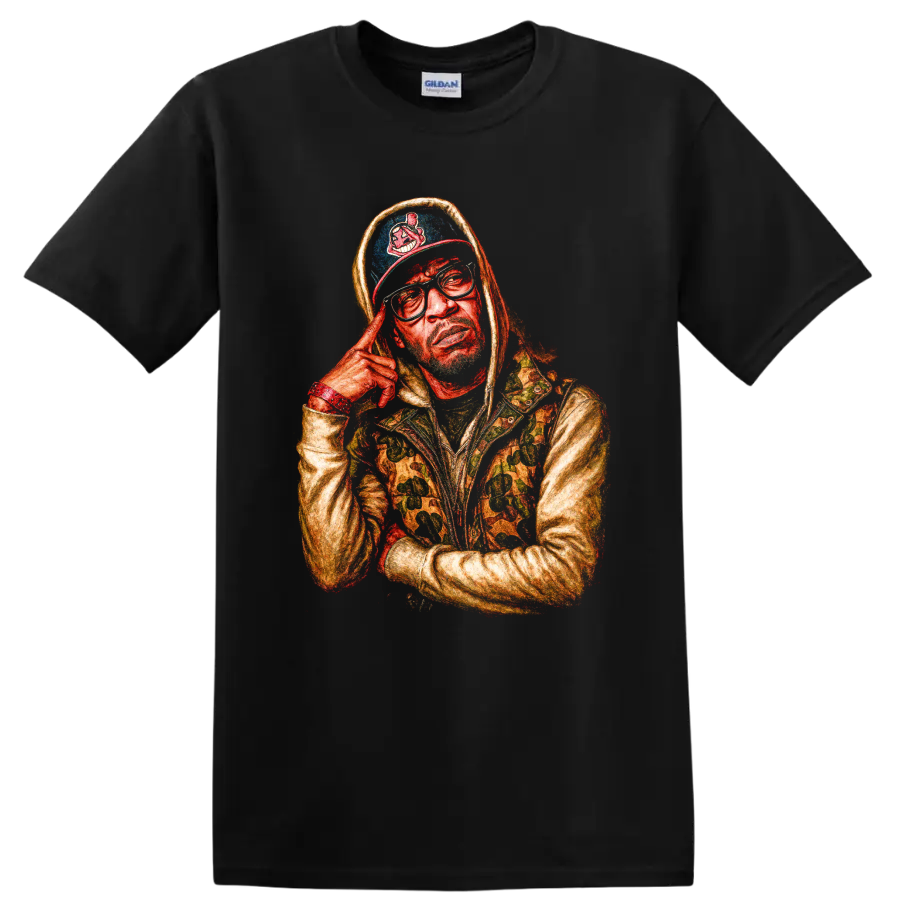 Roc Marciano hooded portrait with tinted glasses, colorful illustrated style on a Black T Shirt