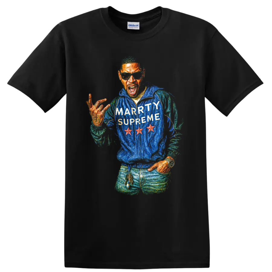 Kid Cudi Marty Supreme colorful hip-hop portrait graphic on a Black T Shirt