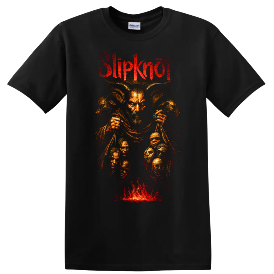 Slipknot Spit It Out dark metal graphic with horned figure and flames on a Black T Shirt
