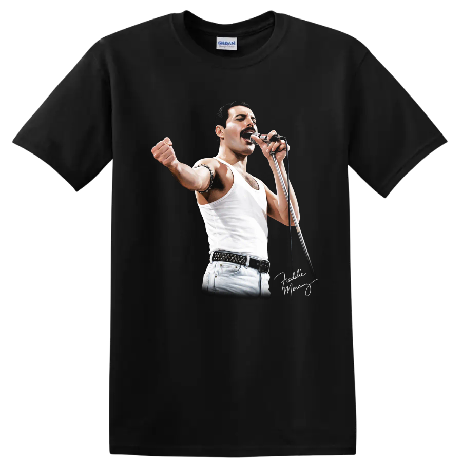 Freddie Mercury singing into a microphone in a dramatic rock performance graphic on a Black T Shirt