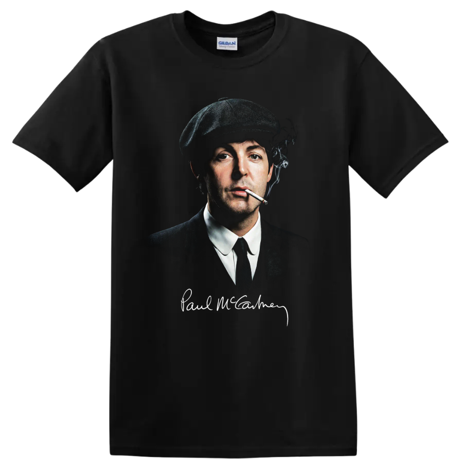 Paul McCartney smoking portrait in vintage rock style on a Black T Shirt