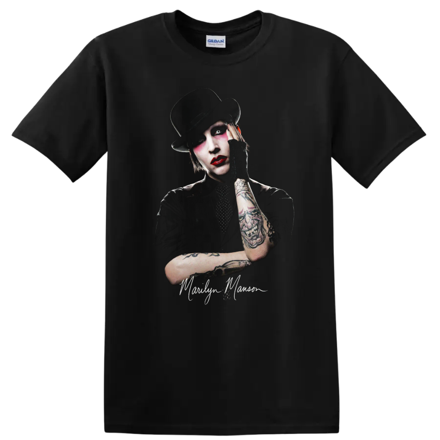 Marilyn Manson theatrical rock portrait with top hat and dramatic makeup on a Black T Shirt