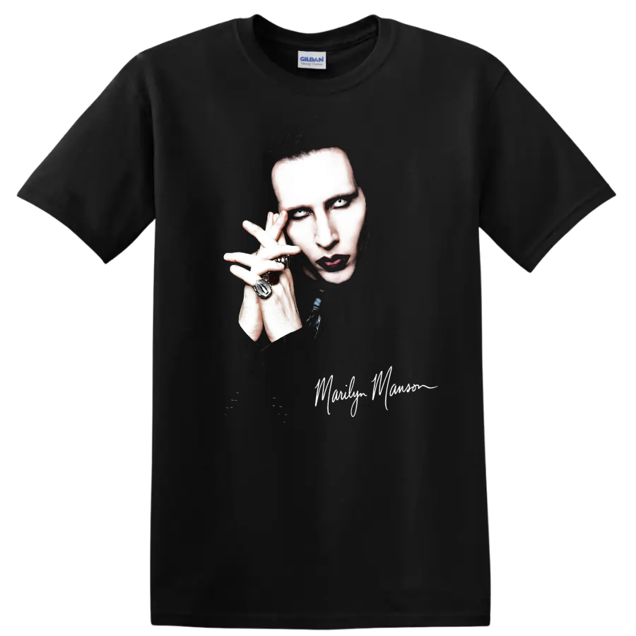Marilyn Manson gothic rock portrait fan art graphic print on a Black T Shirt