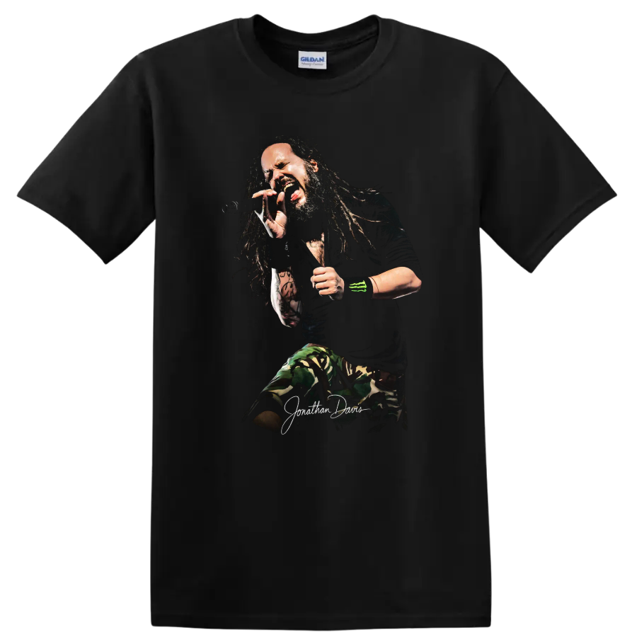 Jonathan Davis of Korn performing with a microphone in a dramatic sketch style on a Black T Shirt